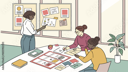 Team brainstorming session in a bright workspace with creative displays and note-taking activities