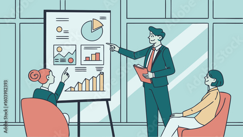 Professional presentation in a bright office with a speaker discussing visual data to an engaged audience