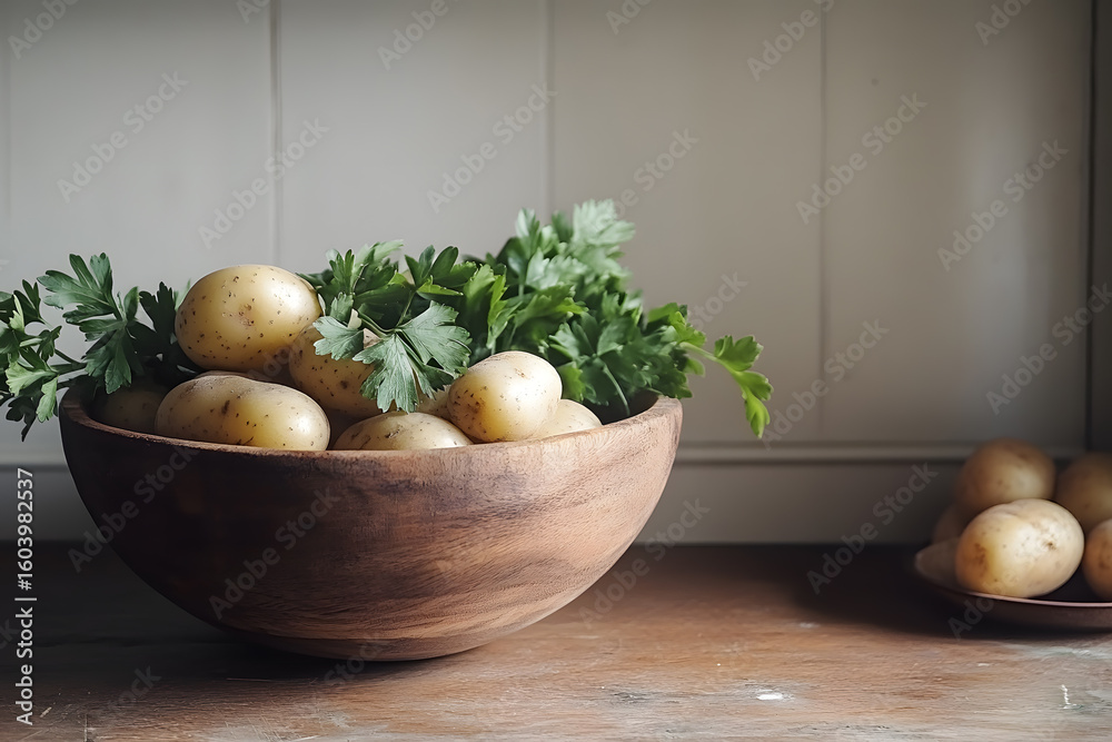 a wooden bowl filled with potatoes and parsley a wooden bowl filled with potatoes and parsley