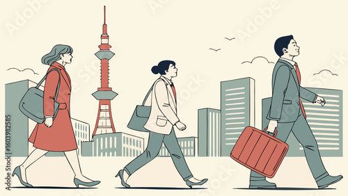 City workers commuting in Tokyo with the iconic Tokyo Tower in the background during a busy day