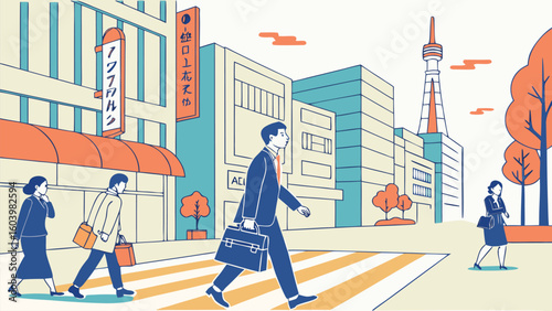 City pedestrians walk across a crosswalk in urban area with modern buildings and landmark tower in the background
