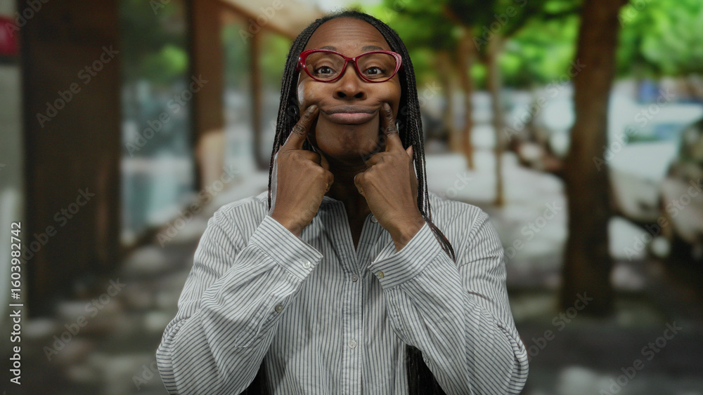 Fototapeta premium Woman with glasses smiling outdoors on city street gesturing playfully while pointing at her face suggesting a cheerful expression.