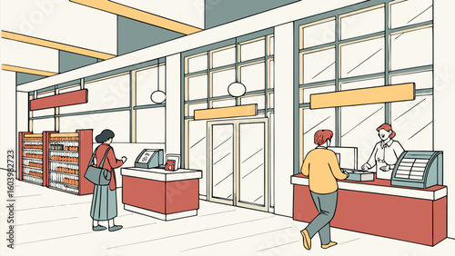 Interior design of a modern store showing a cashier area and a customer making a purchase during daylight hours