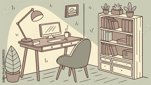 Comfortable workspace with desk, computer, and bookshelves in a cozy home office setting