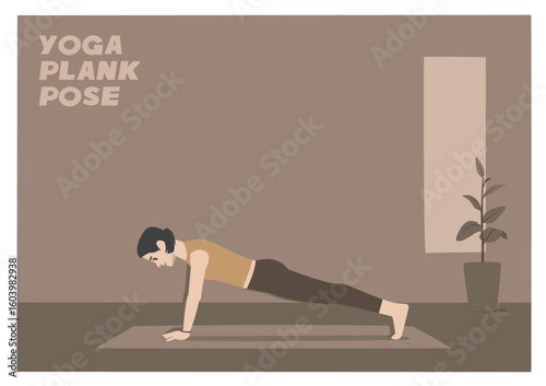 Woman Yoga Plank Pose Illustration Asana for Mindfulness and Balance. Plank push up Position.