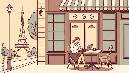 Woman working on laptop at Paris café with Eiffel Tower view in springtime