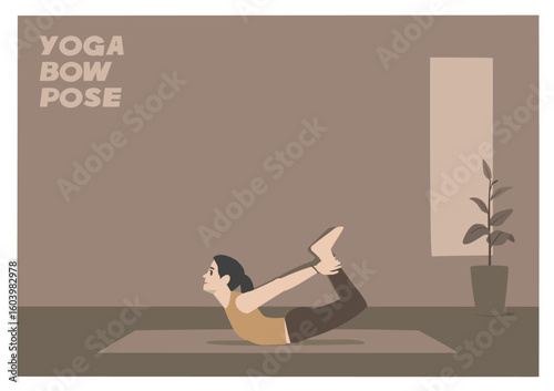 Woman Yoga Bow Pose Illustration Mindfulness and Flexibility.  Bowing flat stomach position.