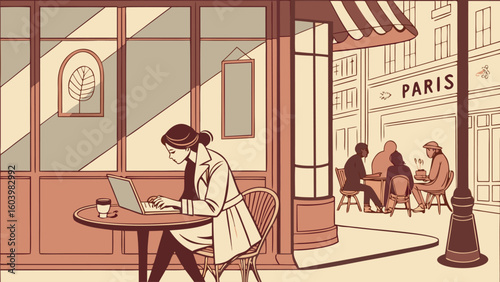 Working on a laptop at a Parisian café while enjoying coffee and the lively atmosphere in the city during the afternoon