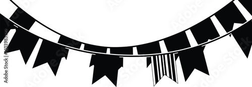 Festive black bunting banner illustration creates a celebratory atmosphere with hanging flags, perfect for party decorations, event designs, and graphic elements.