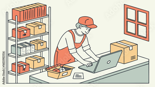 Warehouse worker managing inventory while using a laptop amidst organized boxes in a well-lit space