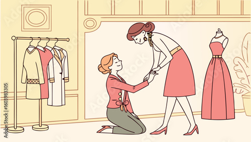 Elegant dress fitting session in a stylish boutique with attention to detail and personal touch