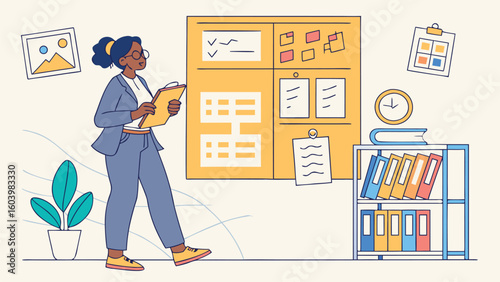 Woman reviewing documents in an office space with notes and books on the shelves during daytime