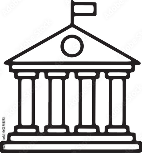 A minimalist black and white illustration of a classical building with pillars and flag.