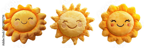 Cute Smiling Sun Plush Toys with Soft Yellow Rays and Adorable Embroidered Faces on Transparent Background