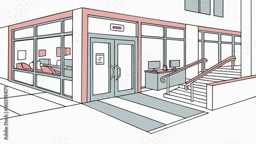 Office building entrance with steps and computers highlighting accessibility and modern design in a professional space