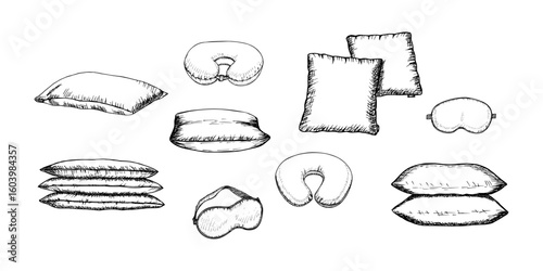 Pillow set sketch drawing in engraving style. Relaxation, sleep, rest, comfort and relax. Bedroom items, comfortable home, hotel decor sketch illustration. Vector line art clipart, isolated