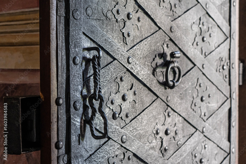 Fototapeta premium metalowe zdobione drzwi ze skoblem oraz kołatką 