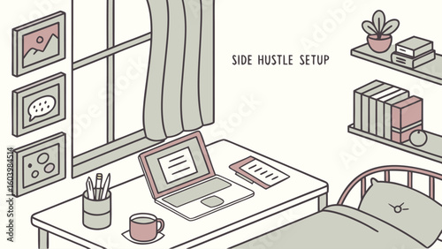 Creative workspace for a side hustle featuring a desk, laptop, and cozy decor in a bright, inviting environment