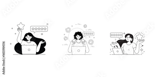 Happy users rate products with five stars to express online satisfaction and positive customer experience