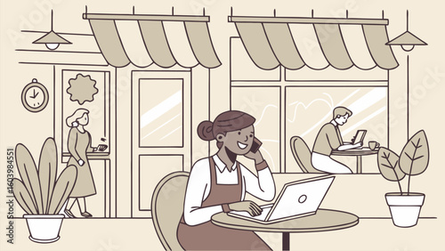 Busy cafe scene with people working and enjoying their time during afternoon hours