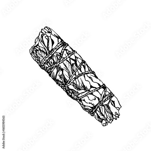 Smoldering herbs for fumigation hand drawn sketch illustration. Smudge stick incense drawing in engraving style. Vector line art clipart