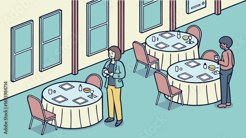 Networking event at a conference with individuals engaging at tables in a spacious venue