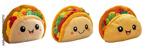 Adorable Plush Taco Toys with Smiling Faces and Colorful Felt Toppings on Transparent Background