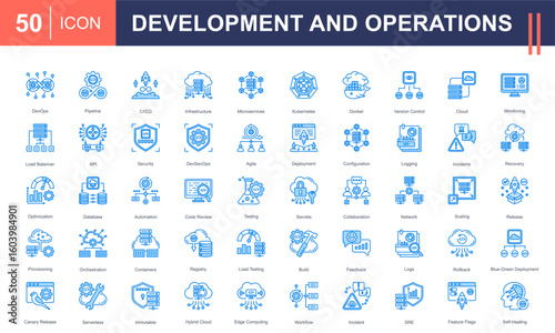DevOps icon set highlighting CI/CD, automation, cloud, containers, microservices, and incident management. Perfect for software development, infrastructure, deployment, and monitoring projects.