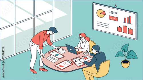 Team members collaborating in a modern office setting while discussing project plans and analyzing data on a computer