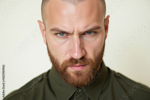 Close-Up Portrait of Russian Bald Man in Green Uniform – Intense Expression on Plain Background