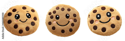 Adorable Smiling Chocolate Chip Cookie Plush Toys with Embroidered Faces and Cheeks on Transparent Background