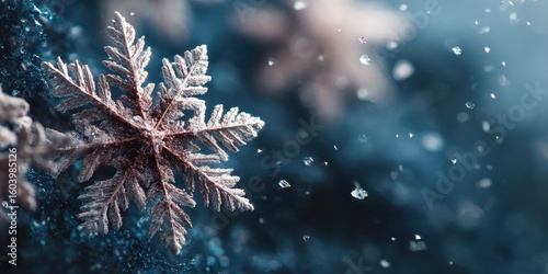 Snowflake close-up shot on a tree branch, winter scene