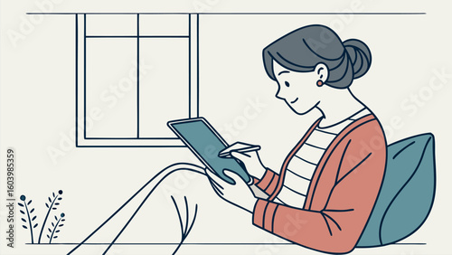 Person engages in digital drawing at home in cozy environment during afternoon