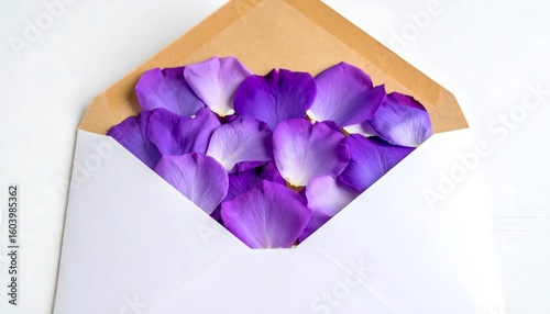 Purple rose petals fill a white envelope