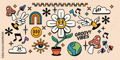 vintage groovy characters and elements for poster or sticker design. Retro character doodle cartoon, hippie 70s style, psychedelic mushroom, flowers,  planet earth. Vintage vector 