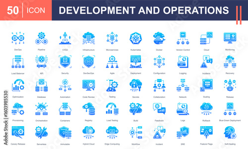 DevOps icon set highlighting CI/CD, automation, cloud, containers, microservices, and incident management. Perfect for software development, infrastructure, deployment, and monitoring projects.