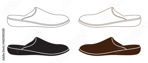 Slip-On Shoe Icon Set. Minimalist Side Profile Silhouettes Featuring White, Black, and Brown Variations for Fashion Design, Footwear Branding, and E-Commerce Assets.
