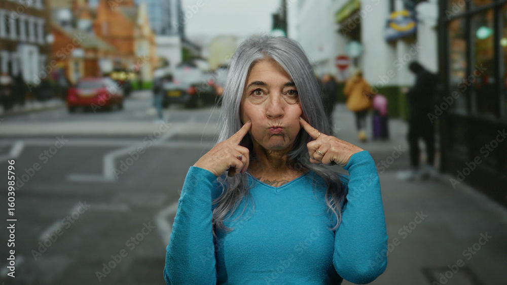 Fototapeta premium Grey-haired senior woman making a playful expression on a busy urban street, showcasing street life with cars and pedestrians in the background.