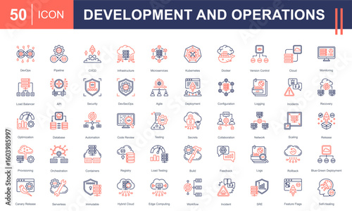 DevOps icon set highlighting CI/CD, automation, cloud, containers, microservices, and incident management. Perfect for software development, infrastructure, deployment, and monitoring projects.