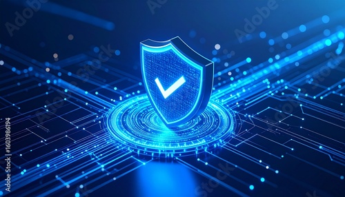Luminous Cybersecurity Shield with Binary Code on a Futuristic Data Hub.