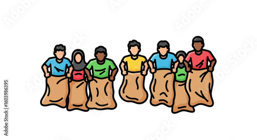 Group of Diverse Children Participating in Sack Race in Outdoor Setting