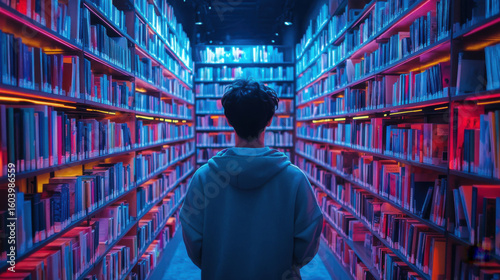 Young Man in Blue Hoodie Standing in a Vibrant Neon Lit Library Aisle