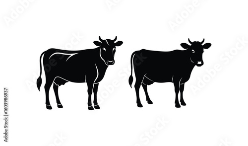 Two black silhouettes of cows standing on a white background