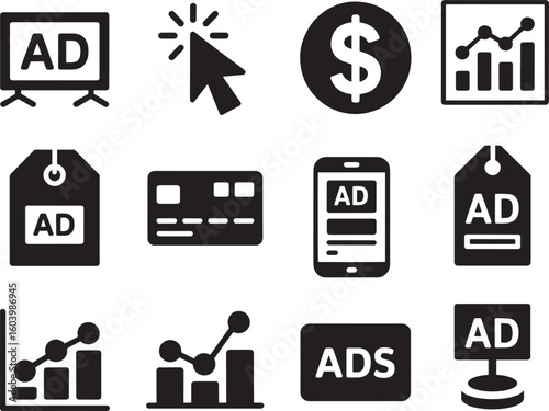 Advertising icons collection with graphs and payment methods display click