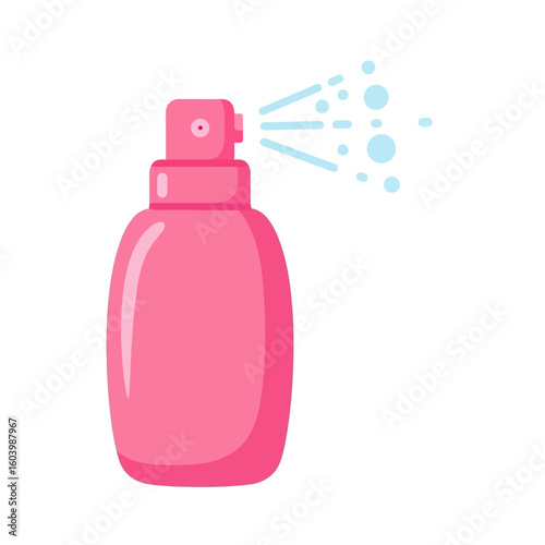 Pink Spray Bottle Dispensing Liquid with Mist in White Background