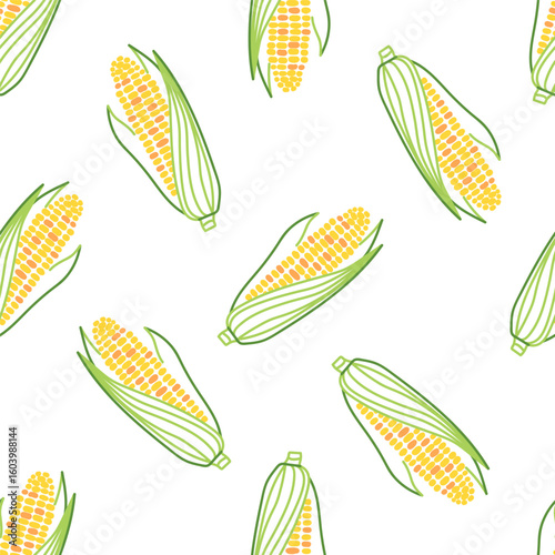 Corn cobs with husks seamless pattern. Hand-drawn vector illustration on white background. Vegetable harvest and farming concept