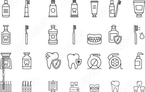 Collection of line art dental icons representing oral hygiene and healthcare practices