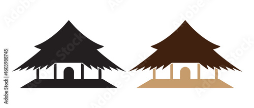 Traditional Thatched Roof House Icons. Black and Brown Silhouettes for Cultural Architecture and Rustic Design Themes.