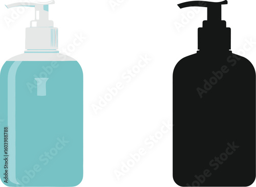 Hand sanitizer bottle mockup with liquid soap and black silhouette vector