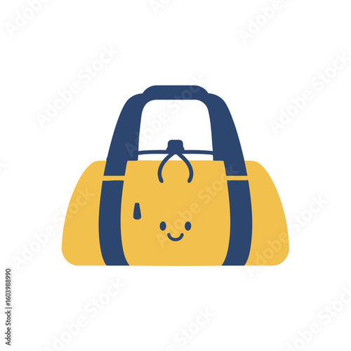 Yellow and navy sports duffel bag with smiling face and front pocket on white background